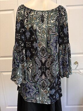 Boho Paisley Patchwork Tunic Blouse Large Off Shoulder Bell Sleeve Top